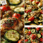 Golden roasted chicken and zucchini on a sheet pan ideal for family-style meals.